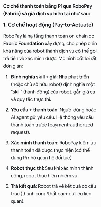 A Vietnamese text document explaining the payment mechanism of 'Pi' via RoboPay (Fabric), detailing a 'Pay-to-Actuate' operating mechanism with 5 numbered steps.