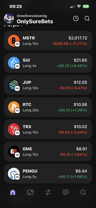 The image shows a phone screen displaying various cryptocurrency symbols, including Bitcoin, JUIP, and others. The text "Only SureBets" can be seen at the top of the image. This suggests that the person who posted this image might have been involved in trading or investing in cryptocurrencies.
