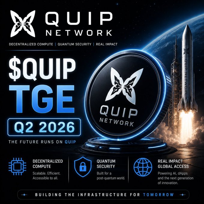The image features a black background with a white butterfly logo at the top of the frame. Below this logo, there are two descriptions written in blue text that read "QUIP TGE" and "The biggest opportunities often come from sectors people are not paying enough attention to." The image also includes a rocket ship flying through space above it, which is part of an advertisement for Quip Network.