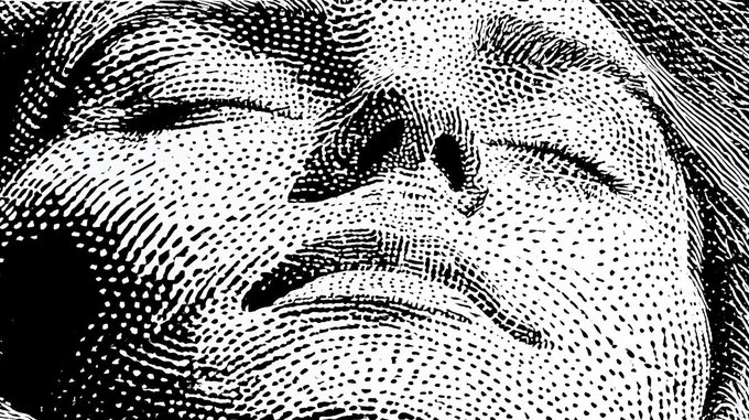 A high-contrast, black-and-white engraved-style close-up of a person's face featuring closed eyes, a nose, and lips rendered with detailed crosshatching and dot patterns.
