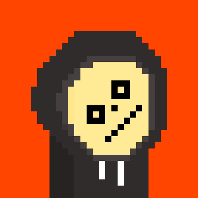 Pixel art illustration of a hooded grim reaper figure with a skull-like face and fangs against a solid orange background.