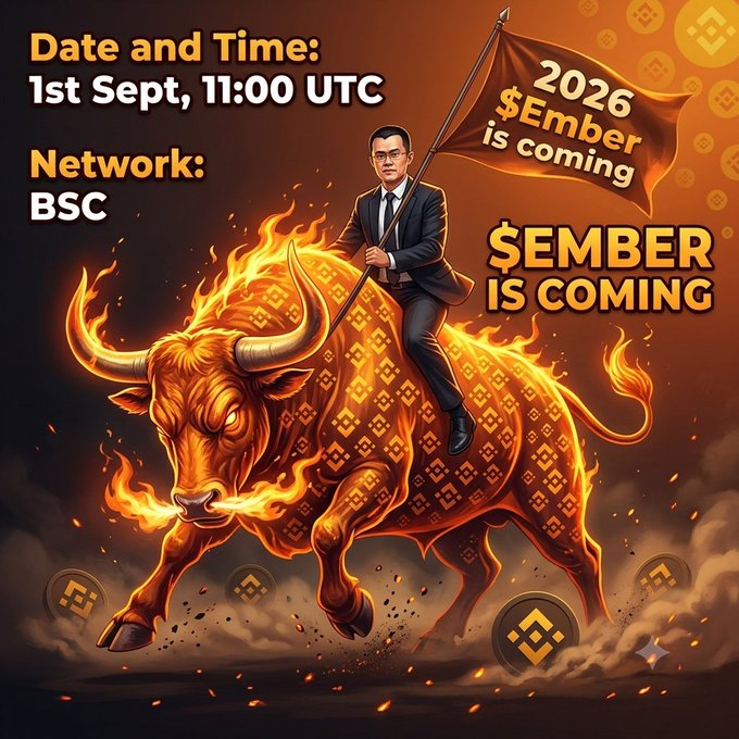 A fiery bull with Binance logos charges forward while a figure in a suit waves a banner reading "2026 $Ember is coming," promoting the meme token's fair launch on September 1st at 11:00 UTC on the BSC network.