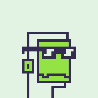 A pixel art style illustration of a green creature resembling a Shop Keeper from the game Zelda inside a tube or display case.