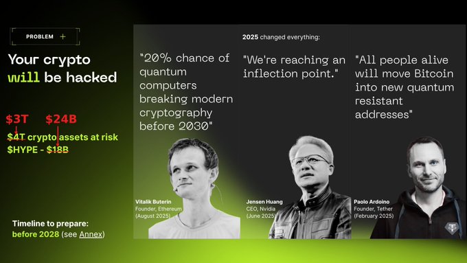 A presentation slide warning that 'Your crypto will be hacked' due to quantum computers, featuring quotes from Ethereum's Vitalik Buterin, Nvidia CEO Jensen Huang, and Tether founder Paolo Ardoino.