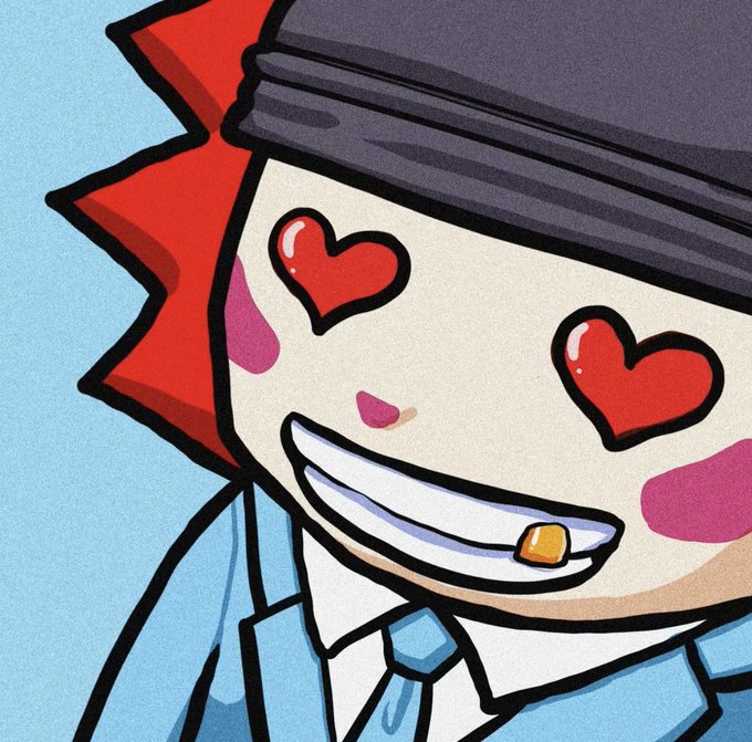 A cartoon illustration of a character with heart-shaped eyes, a wide grin, a purple cap, and a blue suit.