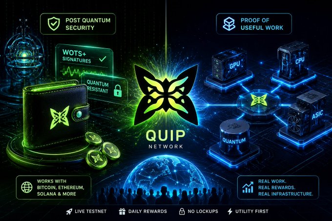 Promotional graphic for the 'QUIP NETWORK' cryptocurrency project highlighting 'POST QUANTUM SECURITY' (WOTS+ signatures), 'PROOF OF USEFUL WORK' (GPU/CPU/ASIC), and compatibility with Bitcoin, Ethereum, Solana & more.