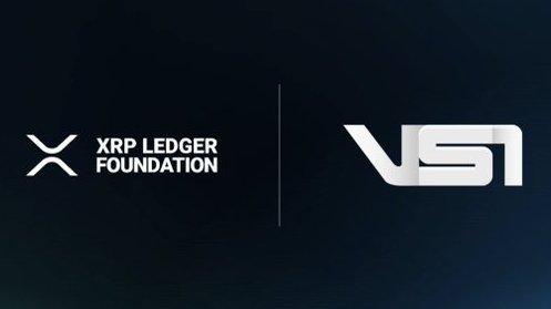 The image displays a partnership announcement graphic featuring the XRP Ledger Foundation logo alongside the VS1 logo, separated by a vertical line on a dark background, visually representing the collaboration between the two organizations to develop an open-source compliant lending application on XRPL.
