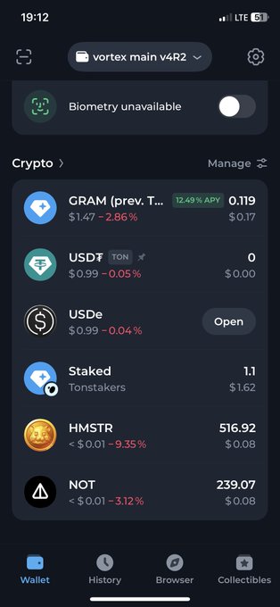 Screenshot of a crypto wallet app showing a 'vortex main v4R2' account with biometric login unavailable, displaying tokens including GRAM ($1.47), USDT ($0.99), USDe, staked Tonstakers, HMSTR, and NOT.
