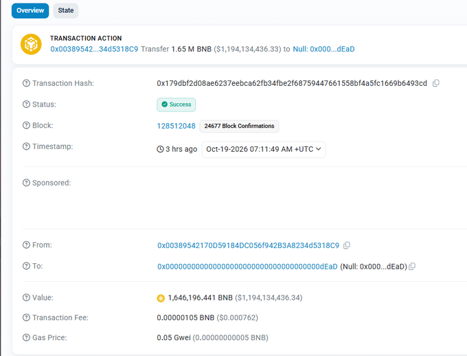 The image displays a BNB Chain blockchain transaction overview confirming a successful transfer of 1,646,196.441 BNB (valued at $1,194,134,436.34) to a burn address (0x...dEaD) on Oct-19-2026, visually verifying BNB Chain's quarterly token burn.