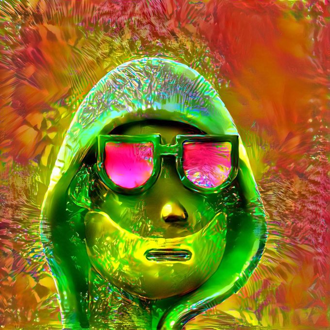 A psychedelic digital artwork featuring a green metallic humanoid face wearing sunglasses with pink reflective lenses against a colorful abstract background.