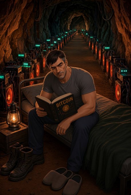 An illustrated scene depicts a tired-looking man sitting on a bed in a long, cave-like corridor lined with glowing mining rigs, wearing slippers and reading a book titled 'BITCOIN' beside an oil lamp.