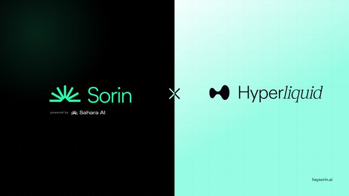 A promotional graphic showing a partnership between Sorin (powered by Sahara AI) and Hyperliquid, displayed side-by-side on dark and teal backgrounds with an 'x' between them.
