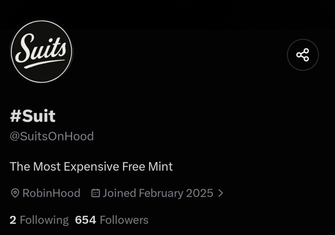 The image shows the RobinHood social media profile for #Suit (@SuitsOnHood), which describes itself as "The Most Expensive Free Mint," joined in February 2025, with 654 followers and only 2 accounts being followed. This aligns with the post by highlighting the account being monitored for its free mint offering on RobinHood.