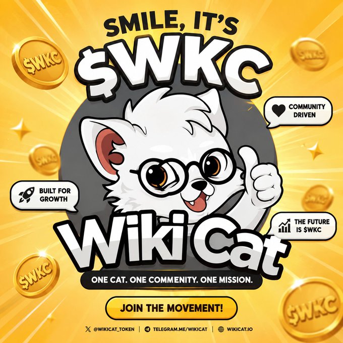 A cheerful cartoon mascot of a white cat wearing glasses gives a thumbs-up amid floating $WKC coins, with the tagline "SMILE, IT'S $WKC WikiCat" and the message "One Cat. One Community. One Mission. Join the Movement!" The image perfectly matches the post's confident tone, visually reinforcing $WKC's carefree attitude toward doubters who thought the token was "too expensive," while showcasing its community-driven, growth-focused branding.