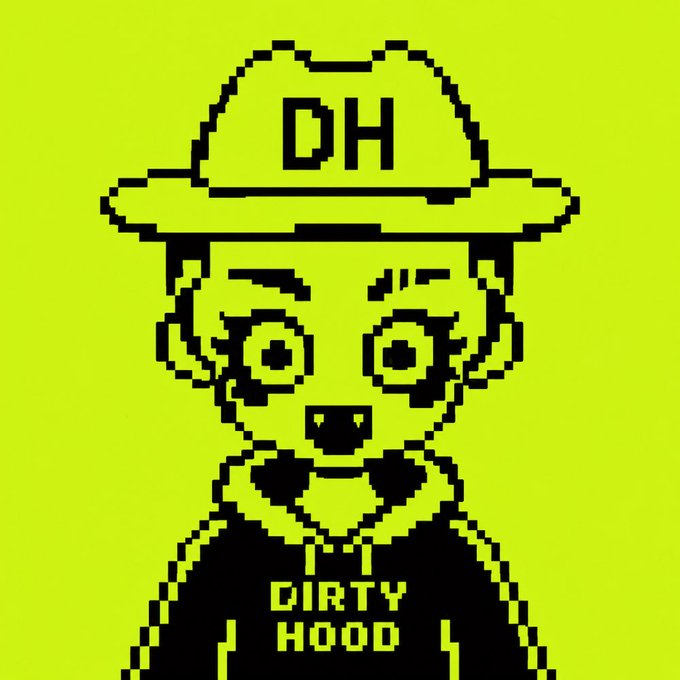 A pixel art character on a yellow background wearing a hat labeled 'DH,' with a small fanged mouth, and a black hoodie reading 'DIRTY HOOD.'