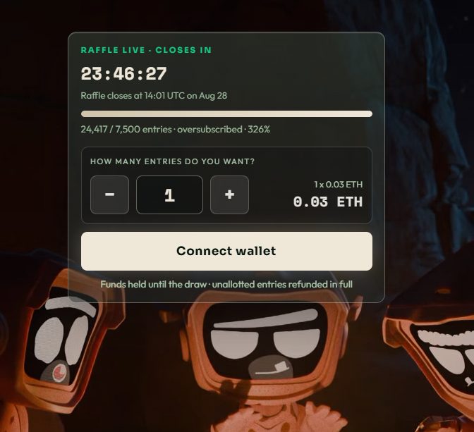 A raffle countdown shows 23:46:27 remaining until the draw closes at 14:01 UTC on Aug 28, with the raffle already oversubscribed at 326% (24,417 of 7,500 entries) and entries priced at 0.03 ETH each, matching the post's excitement about reaching 1000% oversubscription and bidding alongside @OriginalBlokyz.