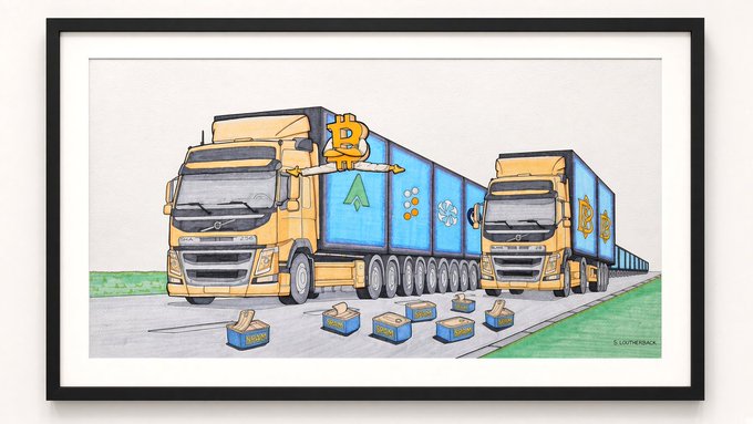 A framed cartoon illustration depicts yellow semi-trucks with Bitcoin-themed trailers being unloaded, with boxes labeled 'TRUMP' falling onto the road.