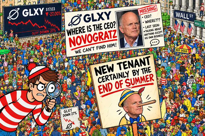 A 'Where's Waldo'-style illustration shows a character in a red and white striped shirt searching a crowded scene featuring GLXY stock charts showing a 27% drop, a 'GLXY WHERE IS THE CEO? NOVOGRATZ' missing poster, and a 'NEW TENANT CERTAINLY BY THE END OF SUMMER' sign referencing David Novogratz.