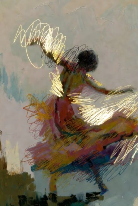 A loose, expressive painting or sketch of a figure, possibly a dancer, with dynamic golden-yellow scribbled lines overlaid on colorful, abstract brushstrokes of red, pink, and blue.