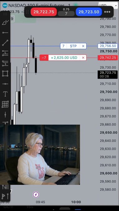 A woman with glasses and gray hair sits at a laptop in front of a large window overlooking a nighttime cityscape, while a TradingView chart of the NASDAQ 100 (NQ) futures showing a price of 29,723.75 is overlaid on the screen, displaying an active trade with a +$2,625.00 USD gain and a stop-loss order, illustrating the AI-assisted trading setup referenced in the post.