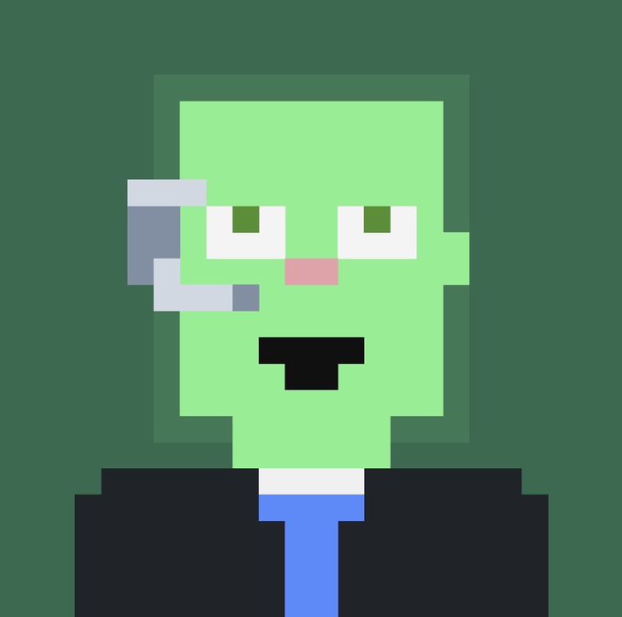 A pixel art portrait of a green-skinned character wearing a headset and a black suit with a blue tie.