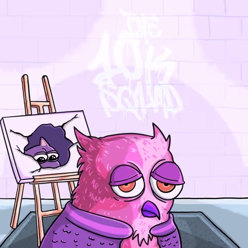 A pink cartoon bird/owl character looking unimpressed next to an easel displaying a sad purple creature painting, with '404 ISLAND' graffiti on the wall.