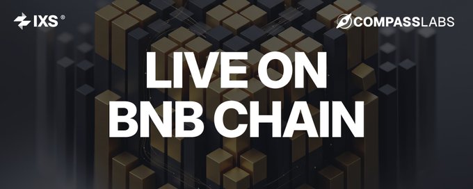 A promotional graphic with 'LIVE ON BNB CHAIN' text alongside IXS and COMPASS LABS logos.