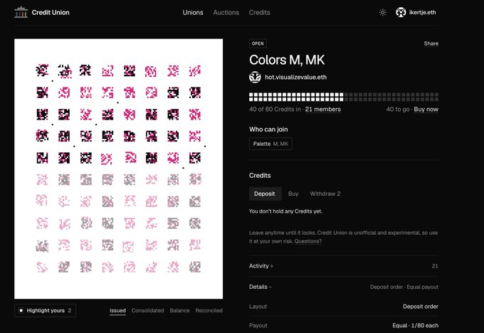 Screenshot of the 'Credit Union' web interface showing a 'Colors M, MK' auction with 40 of 80 credits in 21 members, displaying a grid of pixel-art style NFT icons.