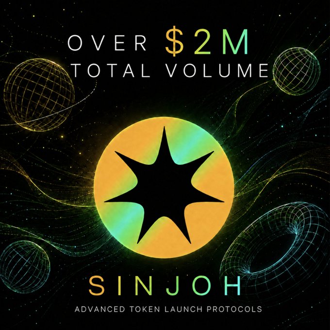 A promotional graphic for "SINJOH" advanced token launch protocols, displaying "OVER $2M TOTAL VOLUME" against a dark cosmic background with geometric spheres.