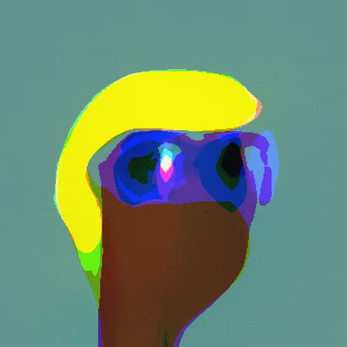 A digital painting depicts a person with brown skin and bright yellow hair wearing blue and purple sunglasses, rendered in bold, flat blocks of color against a teal background.