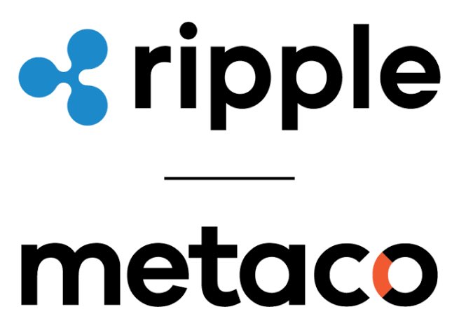 The image displays the logos of "ripple" (in black with a blue water-drop icon) and "metaco" (in black with an orange accent), separated by a thin line, visually representing the partnership between the two companies highlighted in the accompanying post about Ripple and Metaco's collaboration with DZ BANK AG and the Volksbanken Raiffeisenbanken cooperative banking network, relevant to $XRP.