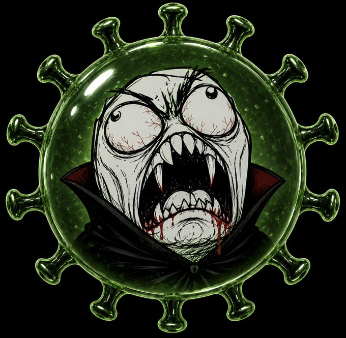 The image features a cartoon depiction of a monster with a mask, cape, and fangs, surrounded by green spheres that appear to be infected with a virus or bacteria. The monster's face has a wide-open mouth filled with blood, giving it an evil appearance. The caption below the image reads "There is only 1 $RAGEGUY. The OG $RAGEGUY is verified on @moonshot and on 5 CEXs." This suggests that there might be some sort of connection between the monster's character and a specific event or situation, possibly related to the COVID-19 pandemic.
