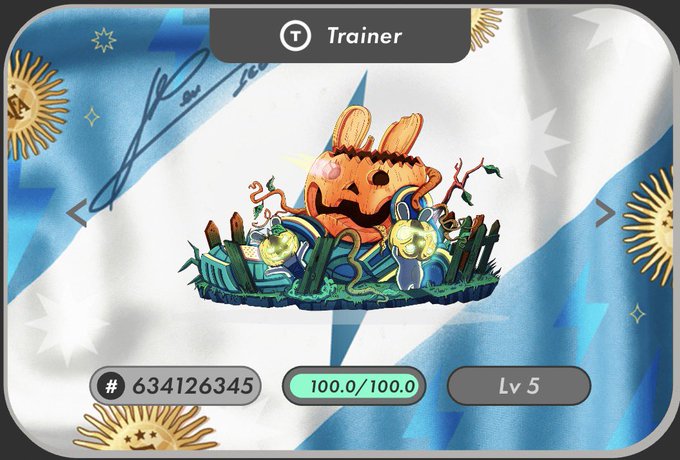 A digital Pokémon Trainer Card featuring a chibi-style orange creature and a small blue character on a blue and white star-themed background, labeled 'Trainer' with ID #634126345 and Lv 5.