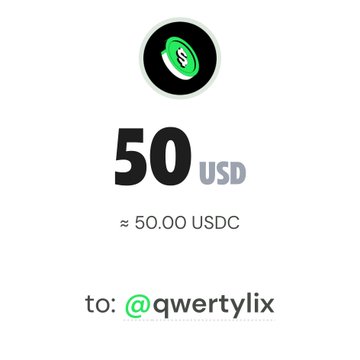 The image shows a black coin icon with a green dollar sign at the top, displaying "50 USD" and "≈ 50.00 USDC" with the recipient "@qwertylix" highlighted below, indicating a $50 USDC reward notification that corresponds to the post announcing the user found $50 in their Ramp Network wallet.