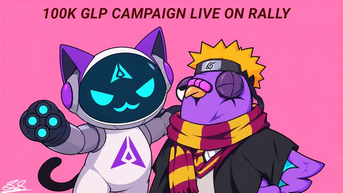 Pink background cartoon illustration of a cat-like robot and a purple bird character wearing a scarf, with text reading '100K GLP CAMPAIGN LIVE ON RALLY.'