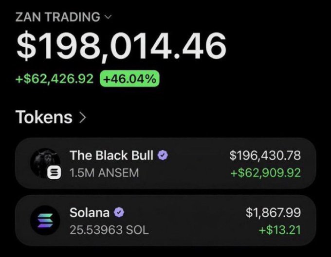 A screenshot of a crypto portfolio titled "ZAN TRADING" showing a total value of $198,014.46 with a +46.04% gain, displaying two token holdings: "The Black Bull" ($196,430.78, 1.5M ANSEM) and Solana ($1,867.99, 25.53963 SOL)—likely shared in response to a request to drop a SOL address by showcasing impressive trading gains.