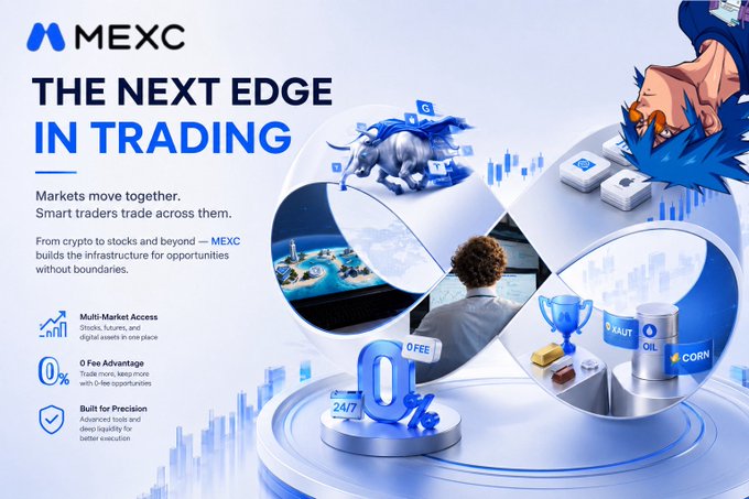 A promotional advertisement for MEXC titled "THE NEXT EDGE IN TRADING," highlighting multi-market access, zero-fee advantages, and built-for-precision features with 3D graphics of various assets.
