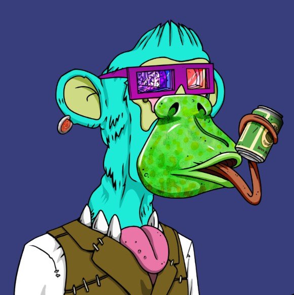 Digital artwork of a turquoise monkey-like character wearing purple sunglasses and a brown vest, holding a green soda can with its long tongue.
