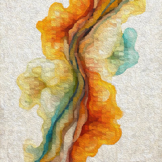 A colorful abstract digital artwork featuring flowing, translucent layers of orange, yellow, green, and blue over a textured cream background.