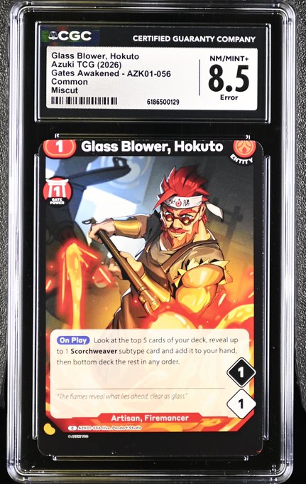 A CGC graded trading card 'Glass Blower, Hokuto' from the Azuki TCG (2026), displaying a NM/MINT+ 8.5 grade with an 'Error' designation, featuring anime-style artwork of a character forging glass.