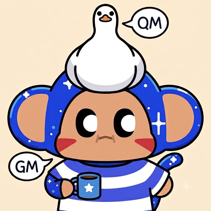 A cartoon illustration of a character wearing a blue starry hood with a white duck on top, holding a blue mug with 'GM' and 'QM' speech bubbles indicating a crypto greeting.
