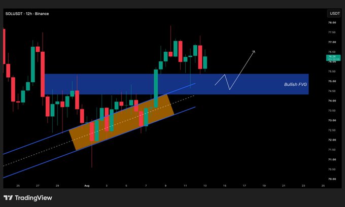 A TradingView candlestick chart for SOLUSDT 12h on Binance showing price action with technical analysis annotations including a 'Bullish FVG' zone and trendlines, with the current price near $75.34.