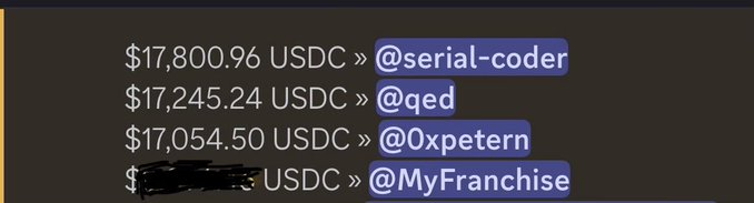 A screenshot displays USDC prize amounts awarded to top participants in the JupiterExchange competition on code4rena, with $17,800.96 going to @serial-coder (1st), $17,245.24 to @qed (2nd), $17,054.50 to @0xpetern (3rd), and a redacted 4th place amount going to @MyFranchise.