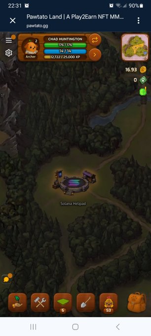 The image shows a screenshot of the "Pawtato Land | A Play2Earn NFT MM..." game, featuring a "Solana Helipad" location in a forested area, with a player character named "CHAD HUNTINGTON" (Archer, Level 2) at 12,722/25,000 XP. The post's mention of "dancing with Solana" relates to the game's visible Solana-themed helipad landing pad, tying the playful message to the blockchain-based gaming environment.