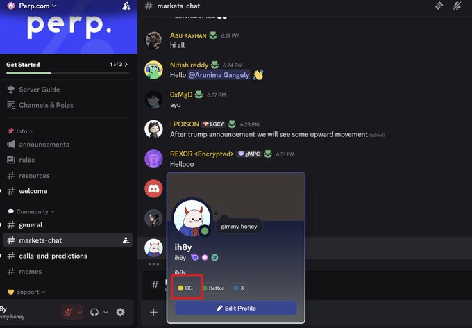 A Discord screenshot from the Perp.com (# markets-chat) server showing a user profile card for "ih8y" with the "OG" role highlighted in a red box, alongside chat messages from users like Nitish reddy, OxMqD, and LQCY discussing market movements. The image illustrates the accompanying post's claim that Perp.com has just opened their Discord and is offering OG roles to early members, emphasizing the urgency of joining before missing out.