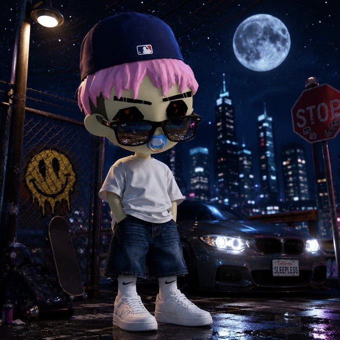 A 3D-rendered cartoon character with pink hair, an MLB cap, sunglasses, a pacifier, white t-shirt, and denim shorts stands in an urban nighttime scene with a stop sign, graffiti of a smiley face, and a BMW with a 'SLEEPLESS' license plate beneath a full moon.