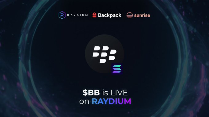 A dark promotional graphic with purple and blue glowing accents announces that "$BB is LIVE on RAYDIUM," featuring logos for Raydium, Backpack, and sunrise alongside a central $BB token emblem, tying directly to the announcement that BlackBerry ($BB) is now trading on Solana via Raydium in partnership with Backpack and Sunrise.
