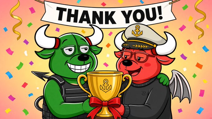 A cartoon illustration of a green bull and a red bear holding a gold trophy together under a 'THANK YOU!' banner, surrounded by confetti.