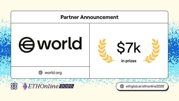 Partner Announcement graphic for ETHOnline 2026 featuring World (world.org) as a sponsor with $7k in prizes.