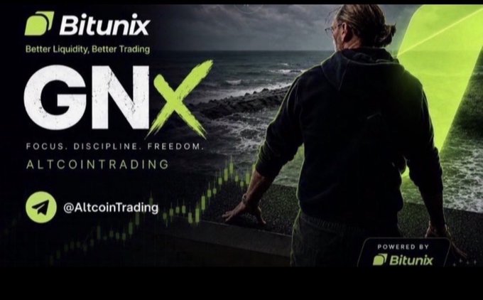 Promotional banner for "GNX" by Bitunix, with the tagline "Better Liquidity, Better Trading," "Focus. Discipline. Freedom." and "Altcoin Trading," showing a man in a hoodie looking out at the ocean with trading chart overlay.